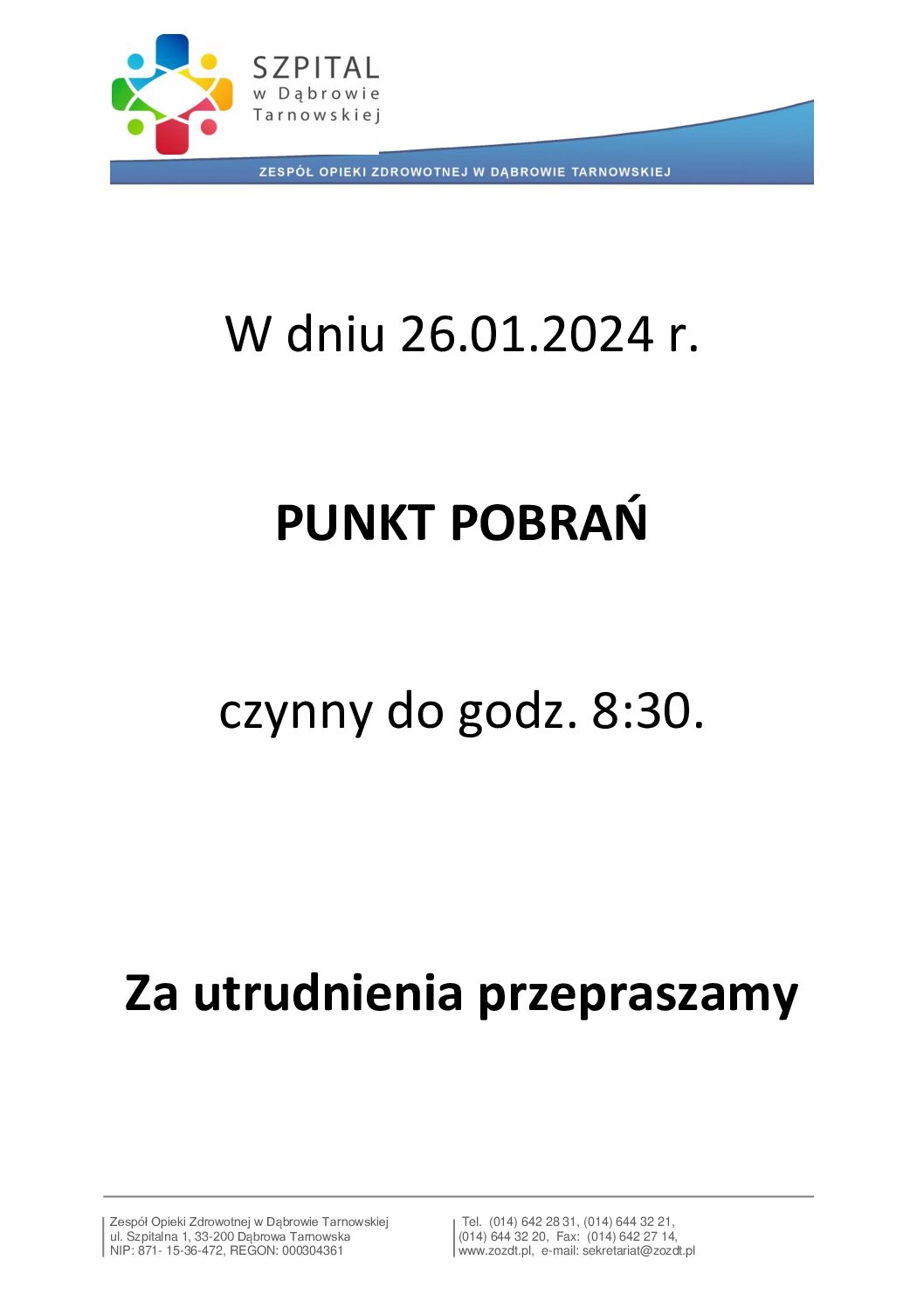 Godziny pracy PUNKTU POBRAŃ w dniu 26.01.2024 r.